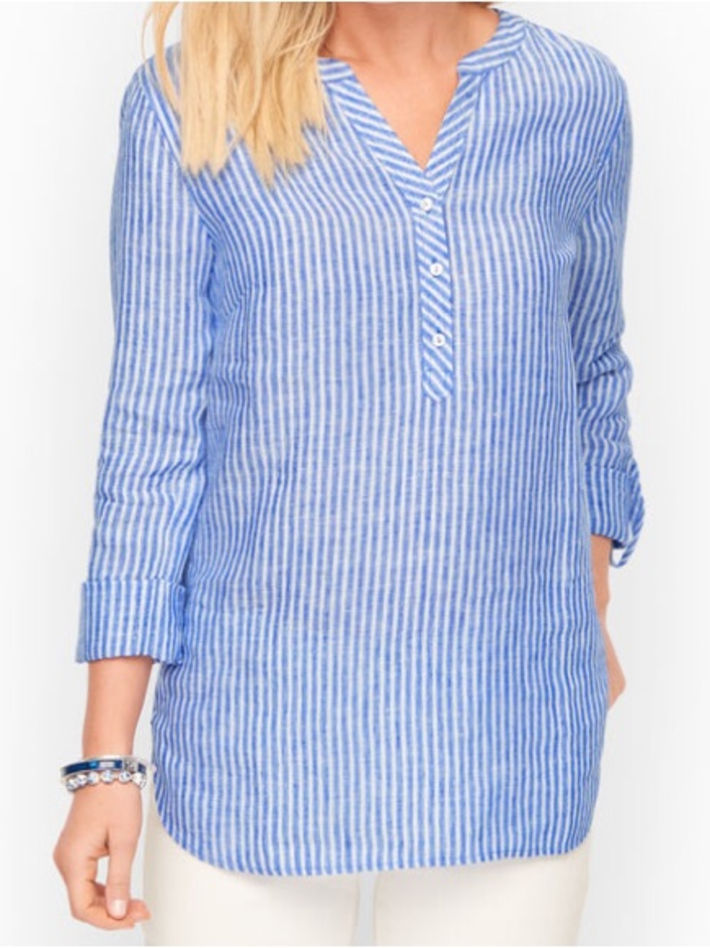 Talbots  Bend Collar Striped Linen Tunic Top